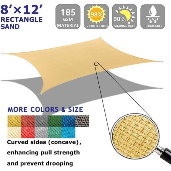 Sun Shade Sail Rectangle Canopy 8' x 12' Sail Shade Sand Sun Shades for Patios - Picture 3 of 6